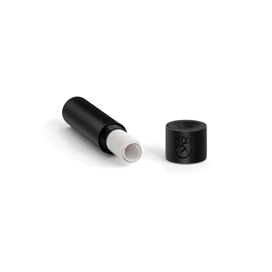Stainless steel black plated screw-top message capsule with an engraved raised fist symbol, shown open with a rolled handwritten note inside, designed for storing personal messages. Displayed on a clean white background.