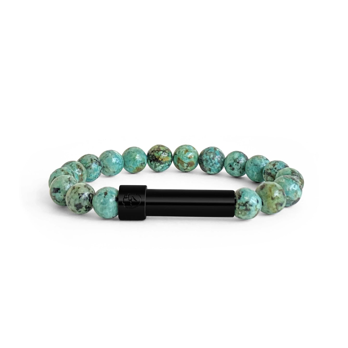 African Turquoise beaded bracelet with a sleek polished stainless steel screw-top message capsule, designed to store handwritten notes, displayed on a white background.
