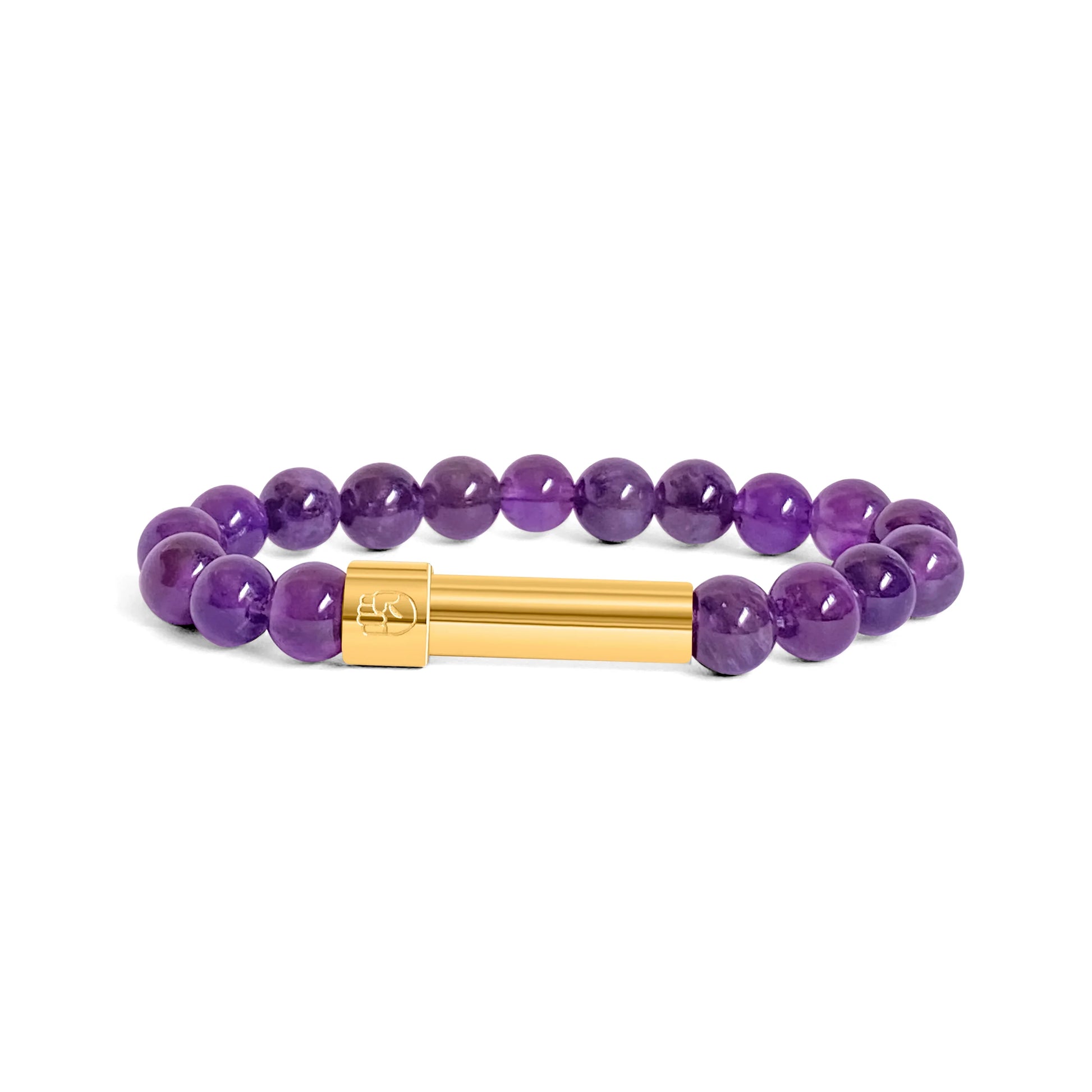 Amethyst beaded bracelet with a sleek black screw-top message capsule, designed to store handwritten notes, displayed on a white background.
