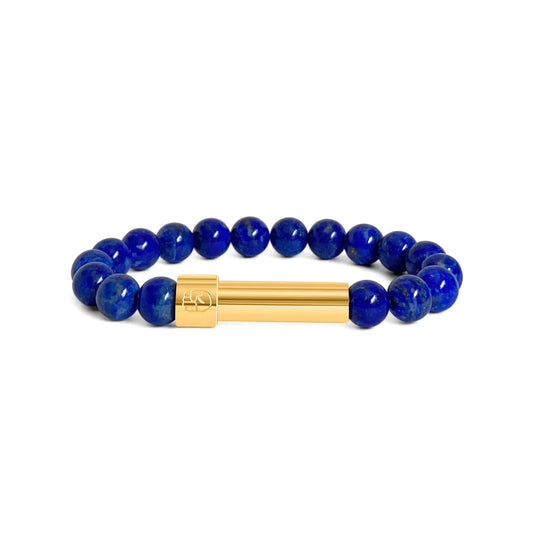 Blue Lapis Lazuli beaded bracelet with a sleek stainless steel 18k gold plated screw-top message capsule, designed to store handwritten notes, displayed on a white background.