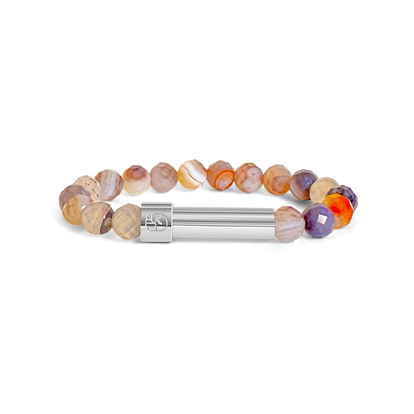 Facet-cut Botswana Agate beaded bracelet with a polished sleek stainless steel screw-top message capsule, designed to store handwritten notes, displayed on a white background.