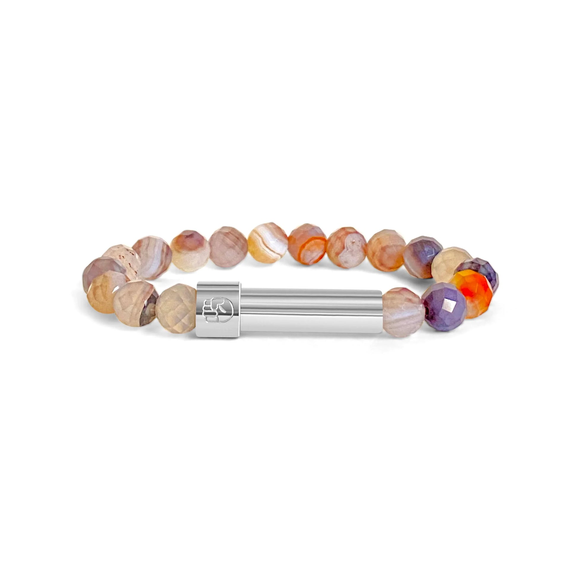 Facet-cut Botswana Agate beaded bracelet with a polished sleek stainless steel screw-top message capsule, designed to store handwritten notes, displayed on a white background.