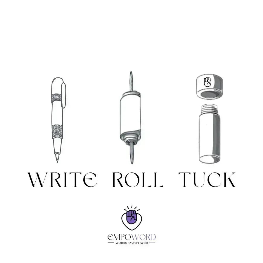 Illustrated step-by-step instructions for using an Empoword message capsule, featuring three black and white drawings labeled "WRITE," "ROLL," and "TUCK." The sequence shows writing with a pen, rolling a small paper note, and placing it inside a screw-top capsule engraved with a raised fist symbol. Empoword logo with slogan "Words Have Power" appears at the bottom