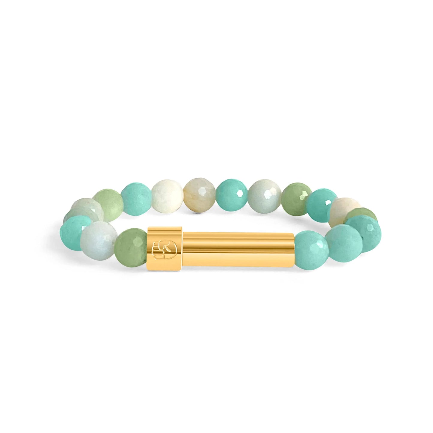 Amazonite beaded bracelet with a sleek stainless steel 18k gold plated screw-top message capsule, designed to store handwritten notes, displayed on a white background.