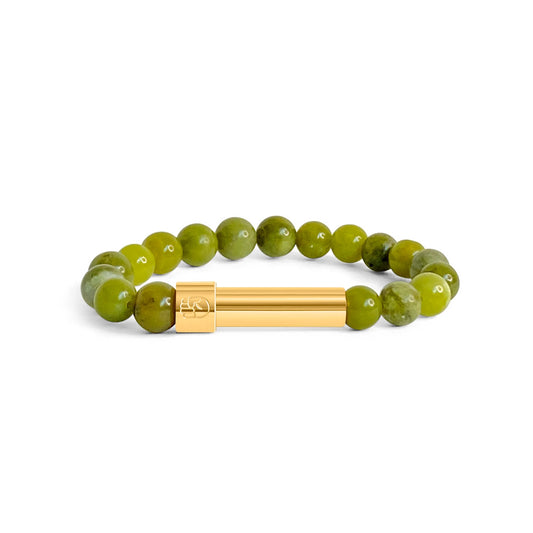 Green Chinese Jade beaded bracelet with a sleek stainless steel 18k gold plated screw-top message capsule, designed to store handwritten notes, displayed on a white background.