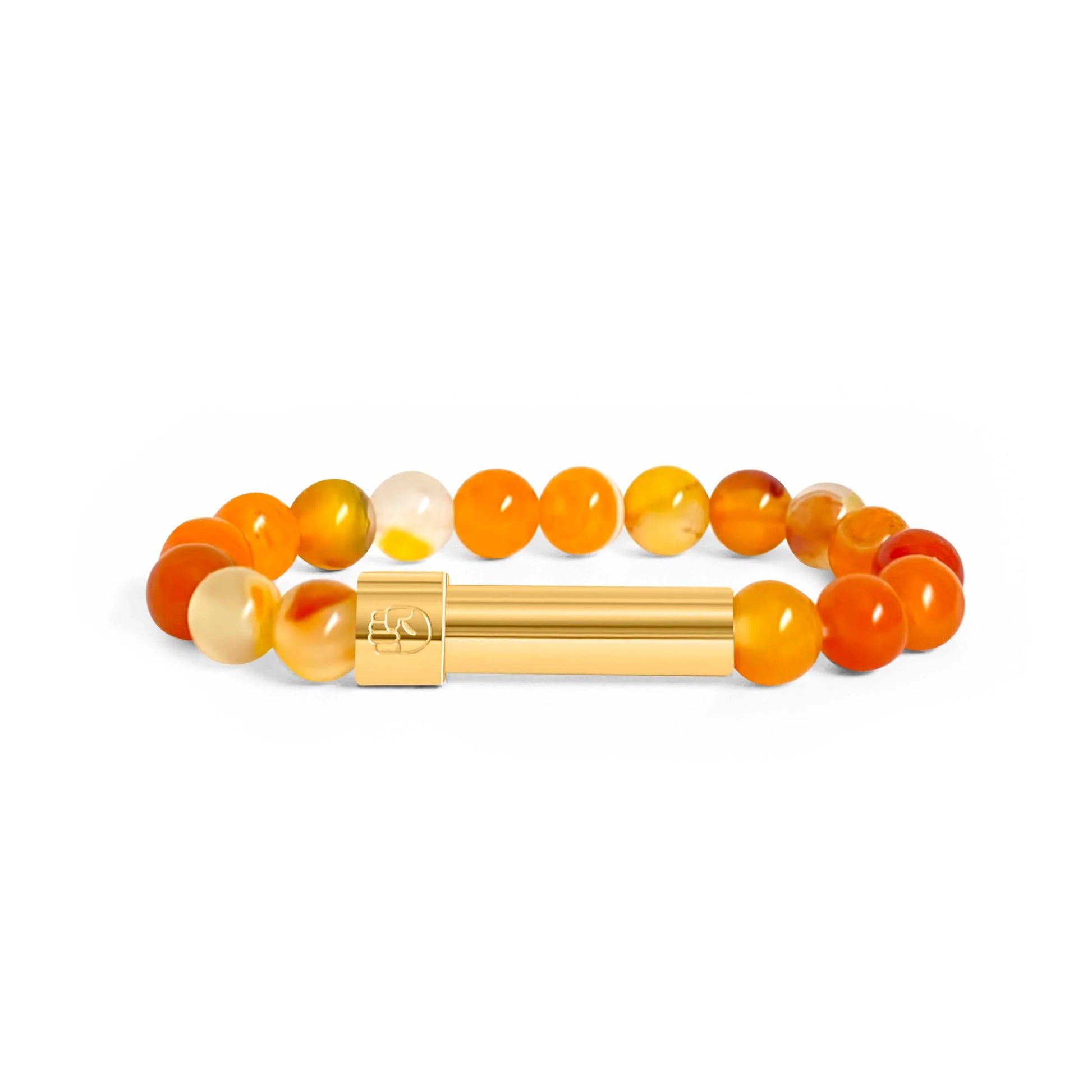 Orange Madagascar Agate beaded bracelet with a sleek stainless steel 18k gold plated screw-top message capsule, designed to store handwritten notes, displayed on a white background.