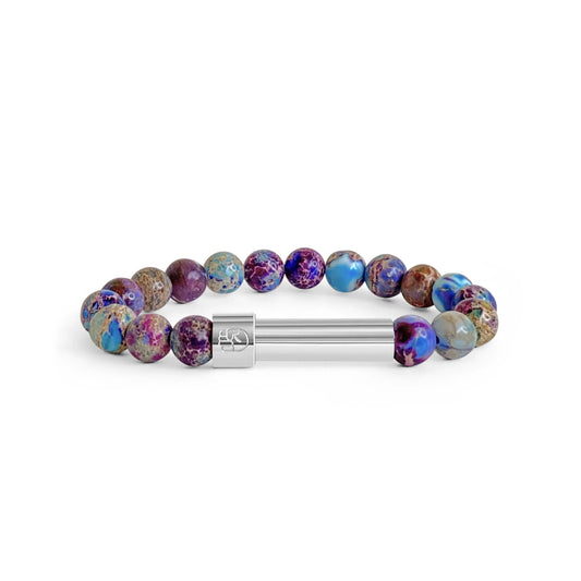 Purple impression jasper beaded bracelet with a polished silver screw-top message capsule for handwritten notes, displayed on white background.