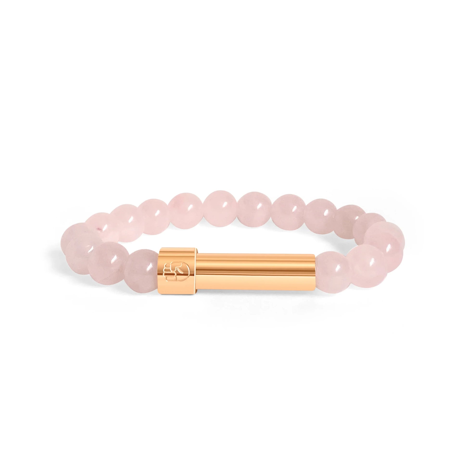 Rose gold Pink Quartz beaded bracelet with a sleek stainless steel rose gold plated screw-top message capsule, designed to store handwritten notes, displayed on a white background.