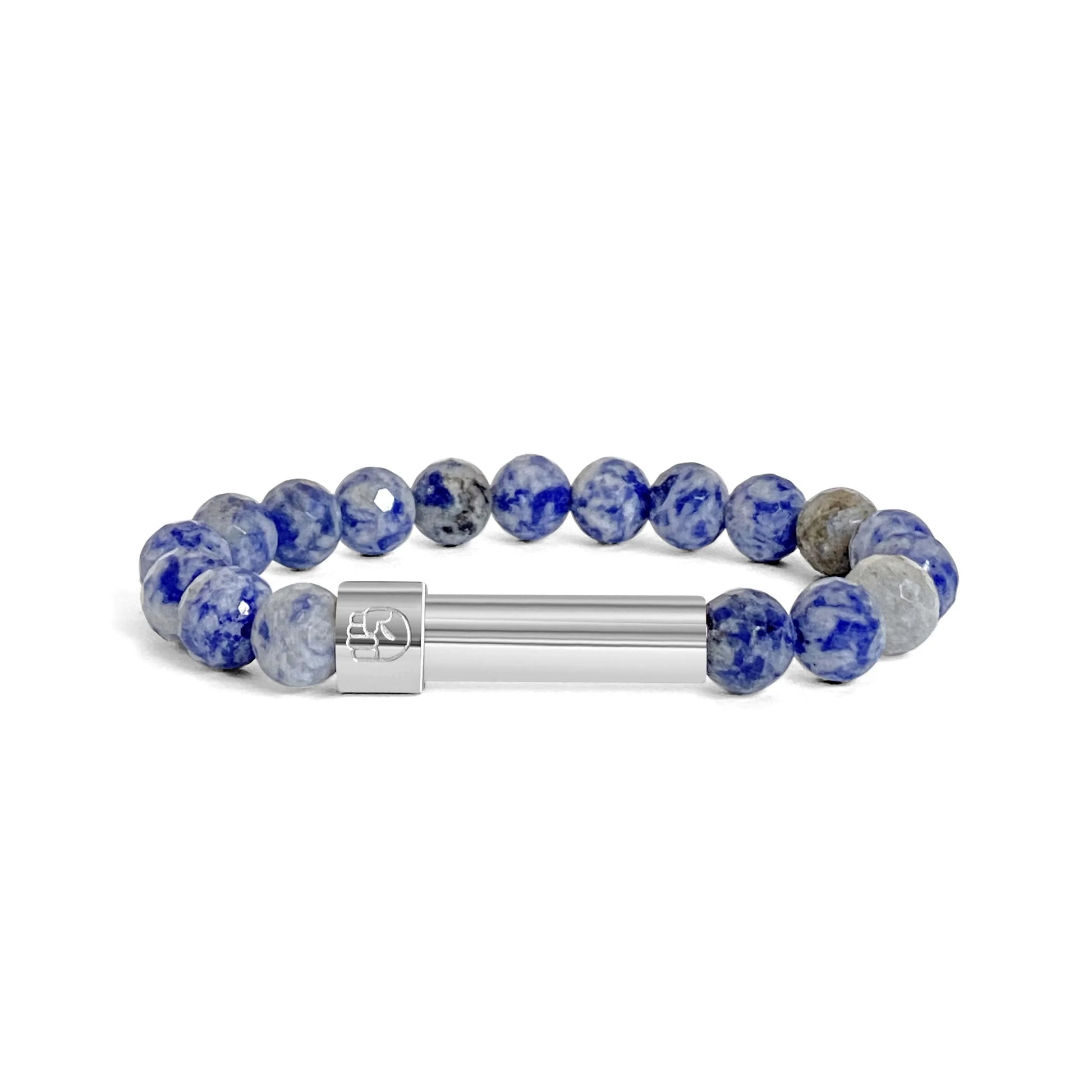 Facet-cut Sodalite beaded bracelet with a sleek polished stainless steel screw-top message capsule, designed to store handwritten notes, displayed on a white background.