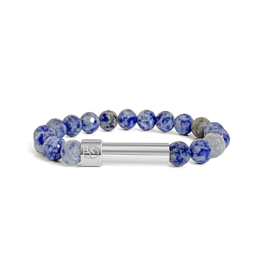 Facet-cut Sodalite beaded bracelet with a sleek polished stainless steel screw-top message capsule, designed to store handwritten notes, displayed on a white background.