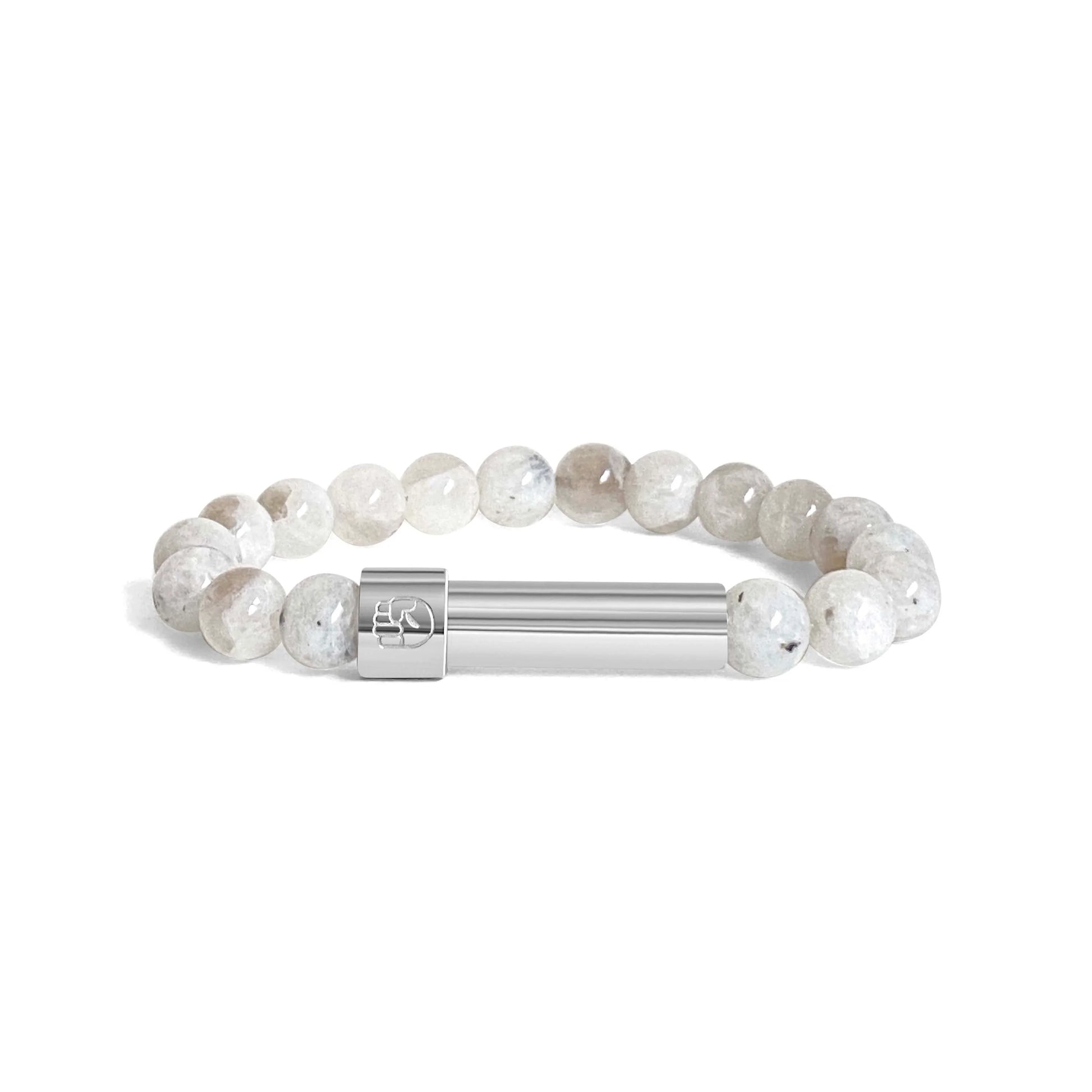 White moonstone beaded bracelet with a sleek stainless steel screw-top message capsule, designed to store handwritten notes, displayed on a white background.
