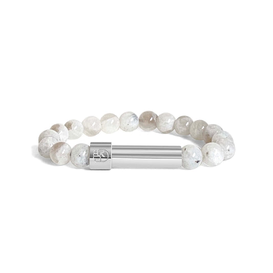 White moonstone beaded bracelet with a sleek stainless steel screw-top message capsule, designed to store handwritten notes, displayed on a white background.